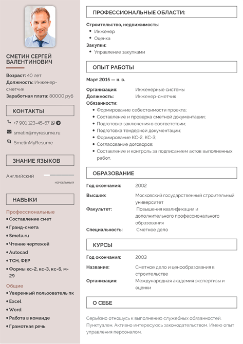 Образец резюме на работу образец инженера