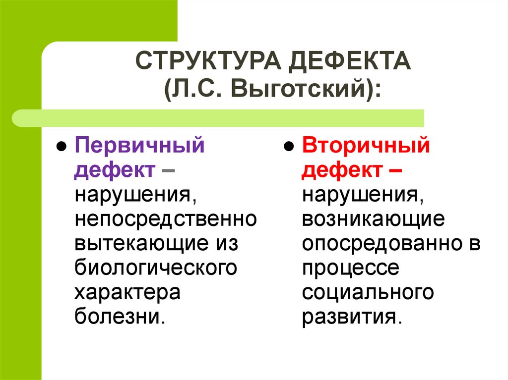 Первичные нарушения выготский. Структура дефекта при умственной отсталости (л.с. Выготский). Понятие и структура дефекта. Психологическая структура дефекта. Первичевц и Вторичнвй жеыект.