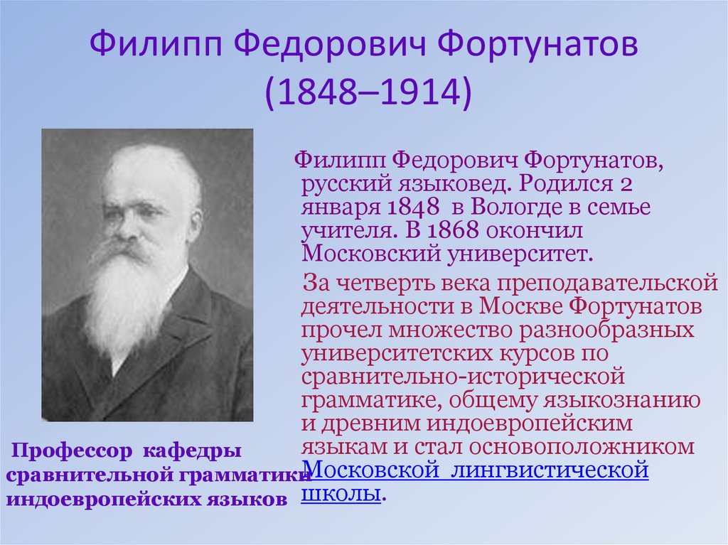 Доклад на тему ученые россии. Филип Фёдорович Фортунатов (1848-1814.