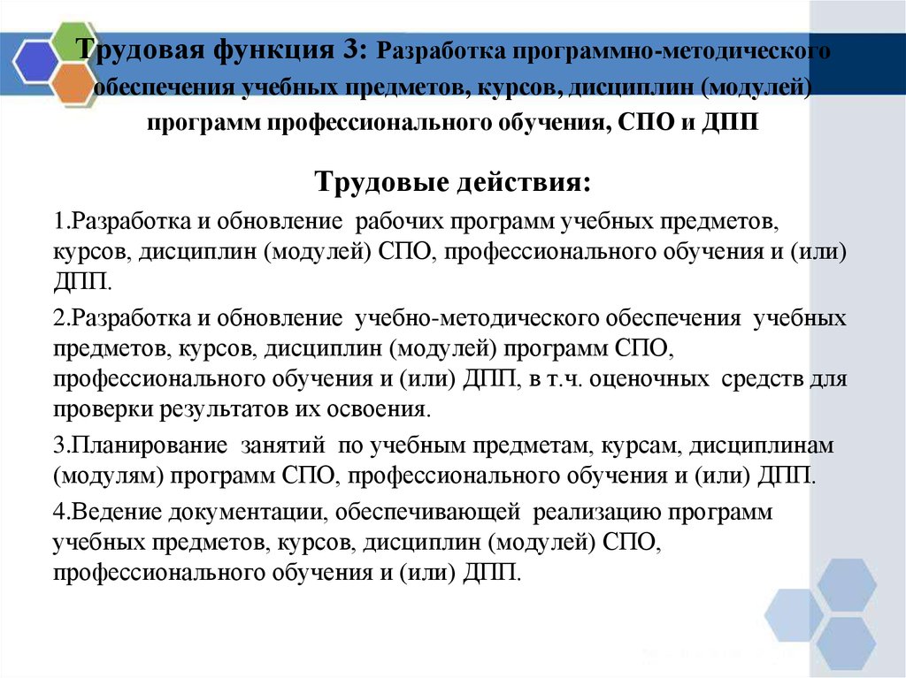 Трудовая функция в профессиональном стандарте педагога. Рабочие программы модули курсов дисциплин программы. Трудовые действия в программно методическое обеспечении. Трудовые функции преподавателя СПО. Дисциплины модуля профессиональной подготовки.