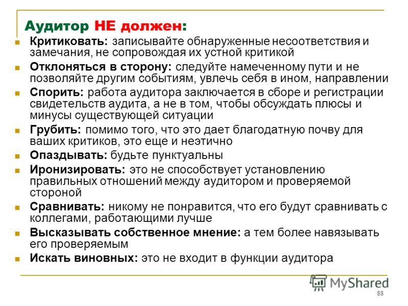 Аудитор должен. В чем заключается работа аудитора. Свидетельства аудита должны быть:. Действия аудитора при обнаружении несоответствия. Отношения между аудиторами и проверяемой стороной.