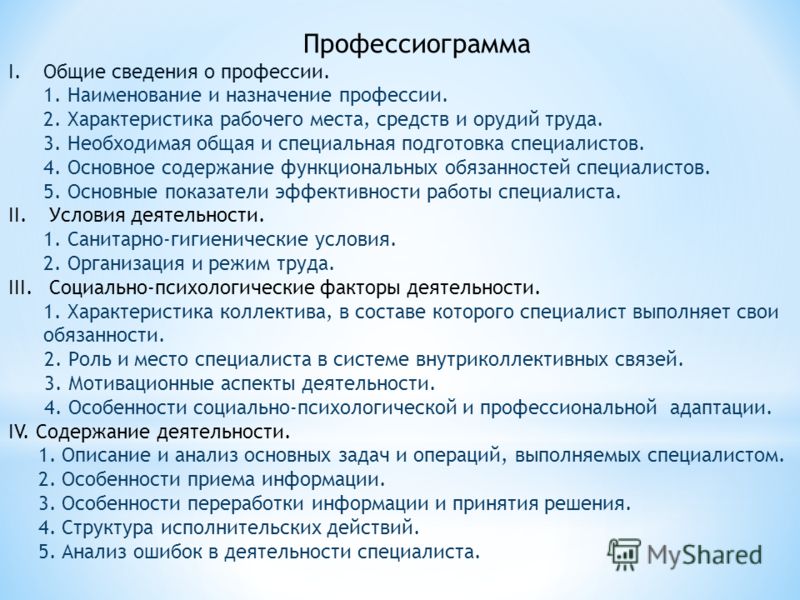 Образец заполнения профессиограмма