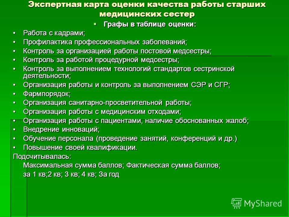 Квартальный план работы старшей медсестры