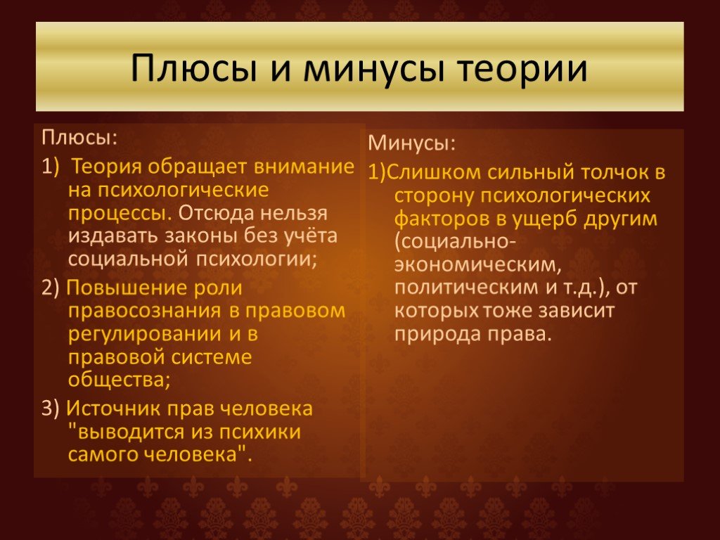 Теория минусов. Психологическая теория плюсы и минусы. Психологическая теория права плюсы и минусы. Психологическая теория происхождения права. Психологическая теория происхождения государства плюсы и минусы.