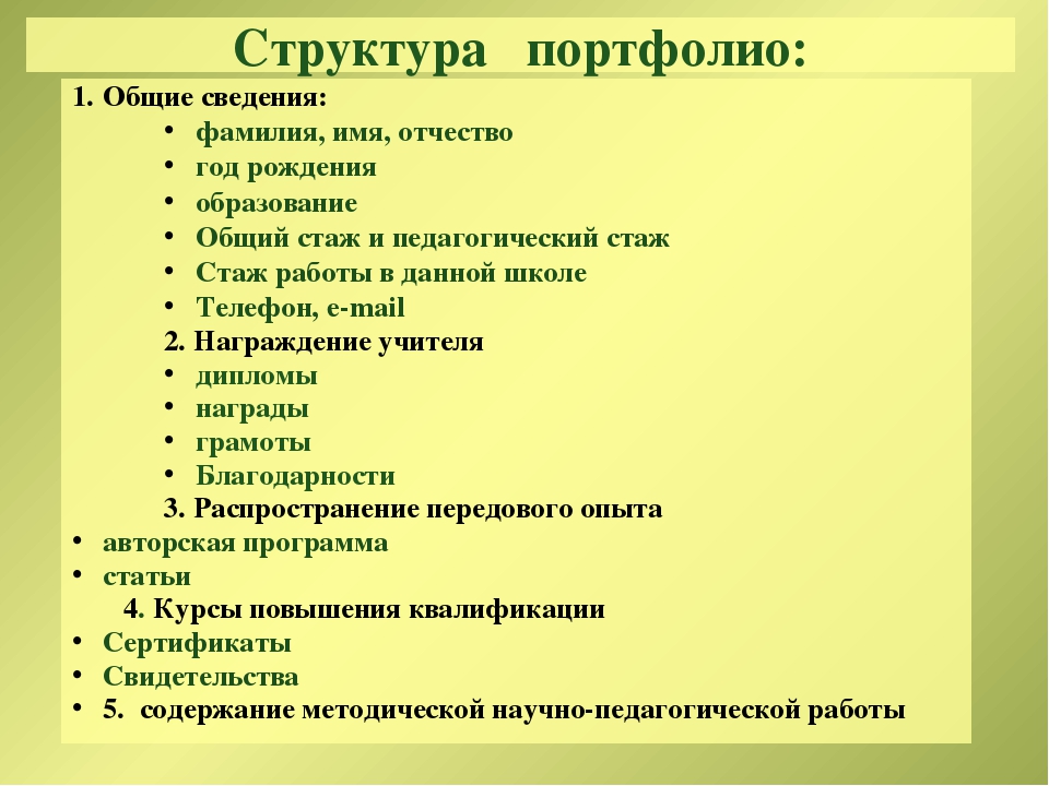 Структура учителя. Портфолио педагога содержание структура. Разделы портфолио учителя.