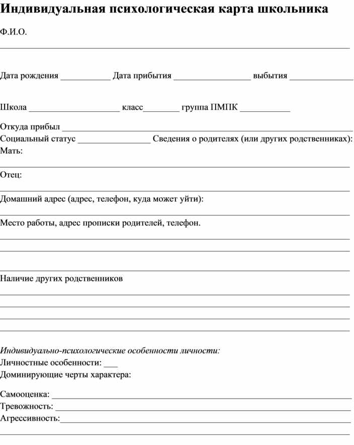 Индивидуальная карта психического развития ребенка получающего психологическую помощь