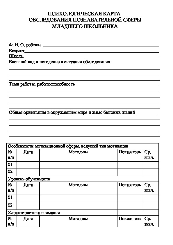 Карта развития ребенка в детском саду для психолога