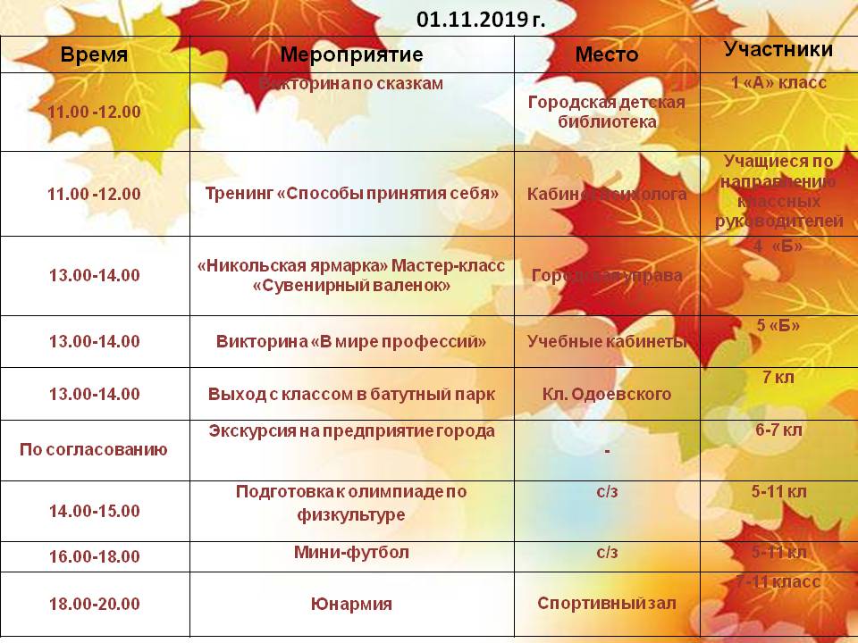 План работы на осенние каникулы в школе на 2022 2023 учебный год